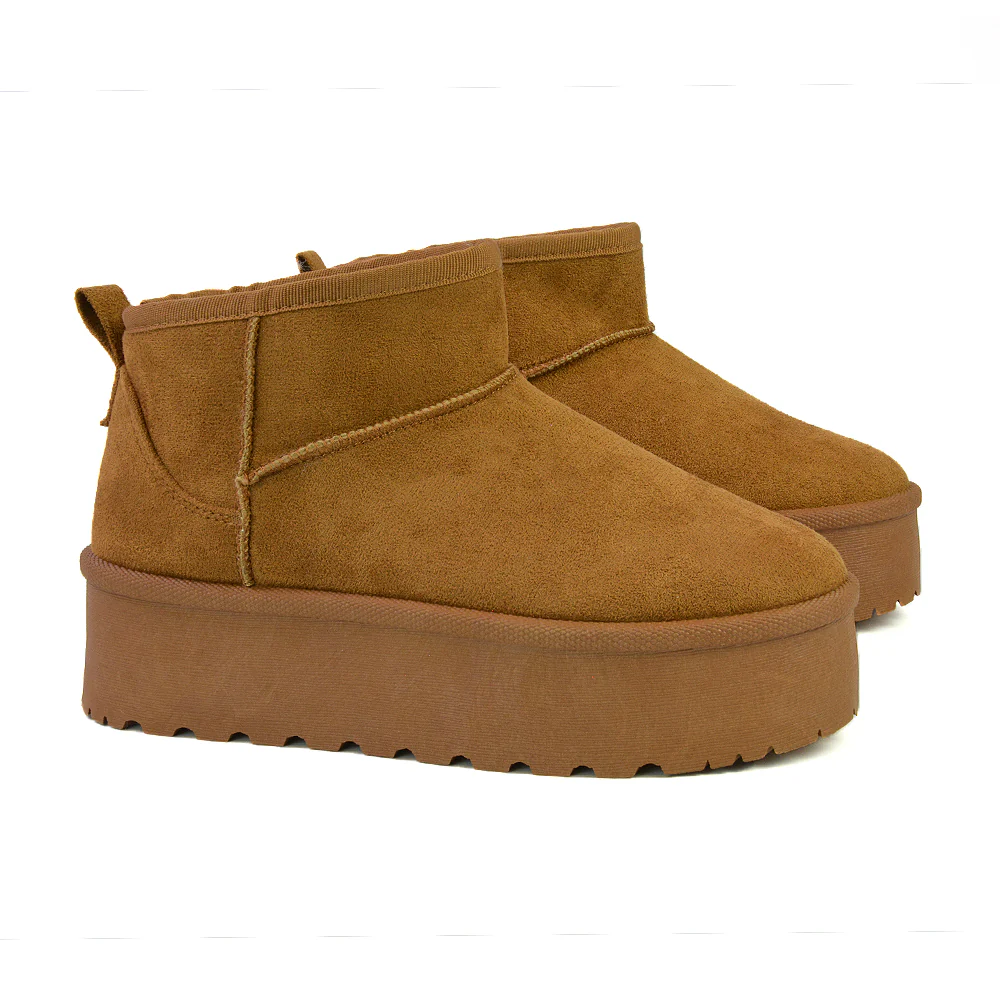 Selina Mini Micro Flatform Micro Faux Fur Ankle Boots in Stone - Image 80