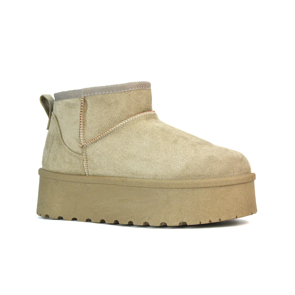 Selina Mini Micro Flatform Micro Faux Fur Ankle Boots In Mushroom - Image 5