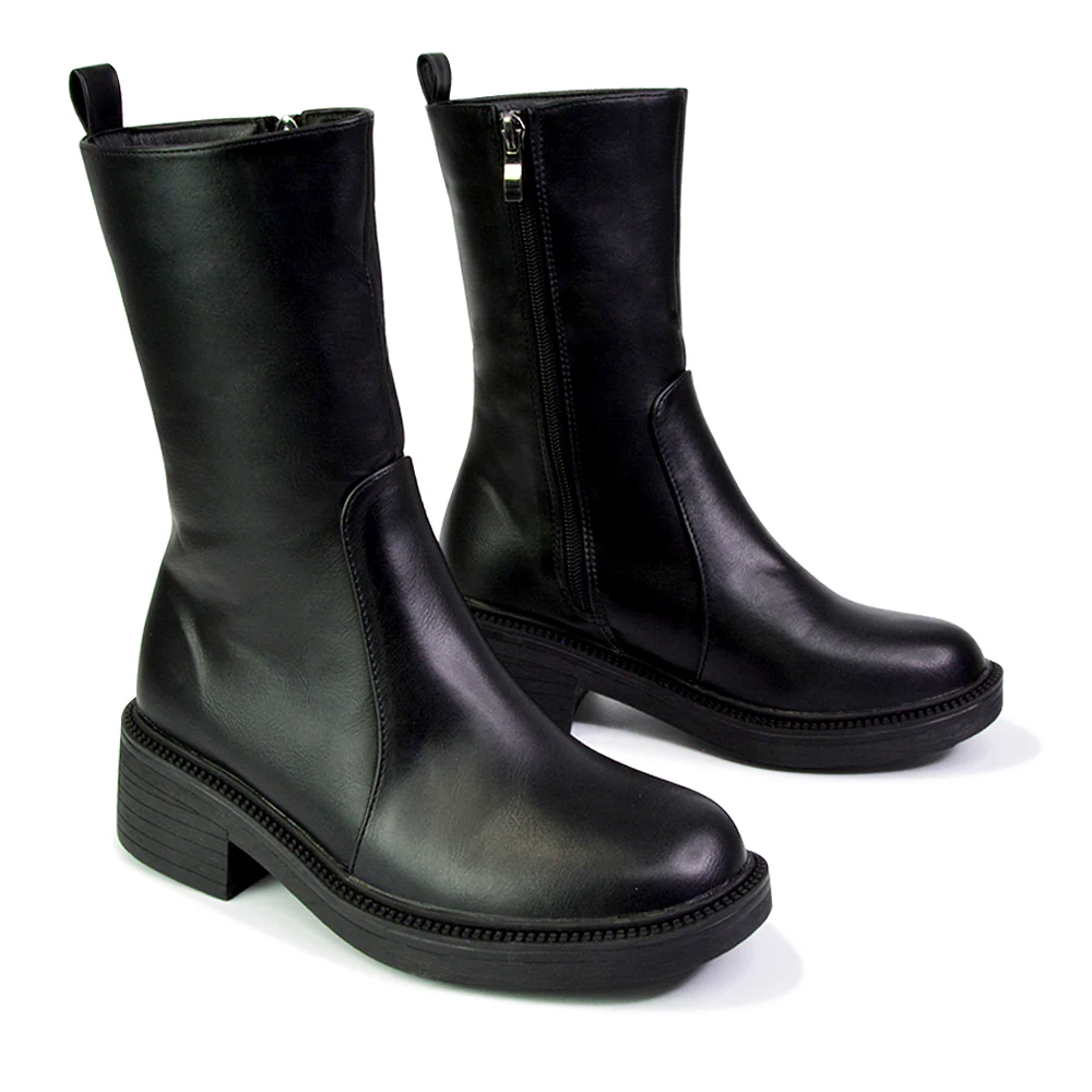 Senna Chunky Block Heel Low Platform Sole Zip Up Biker Sock Ankle Boots in Black Faux Suede - Image 34