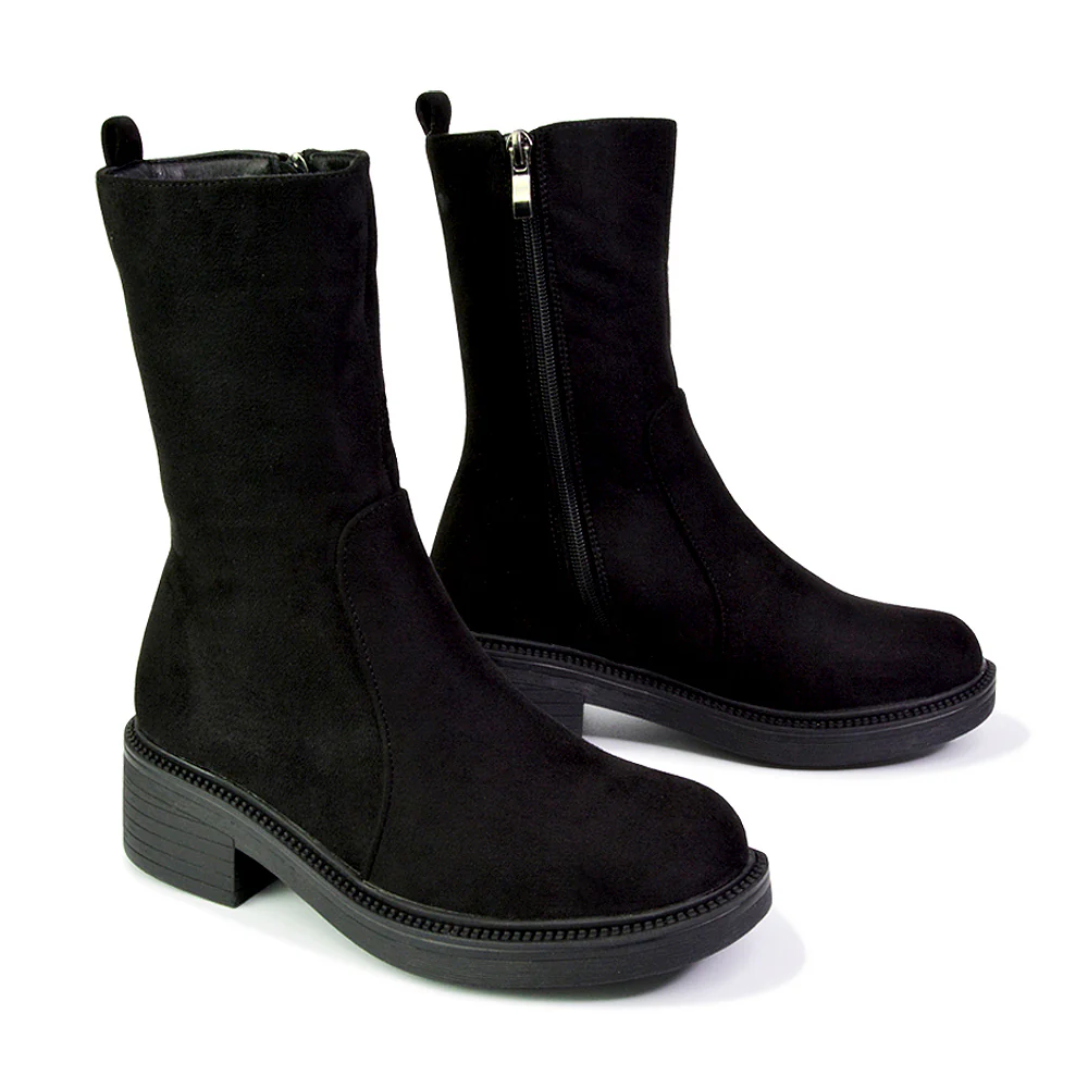 Senna Chunky Block Heel Low Platform Sole Zip Up Biker Sock Ankle Boots in Black Faux Suede - Image 4