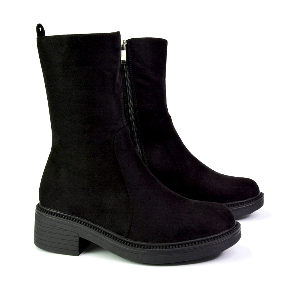 Senna Chunky Block Heel Low Platform Sole Zip Up Biker Sock Ankle Boots in Black Faux Suede - Image 5