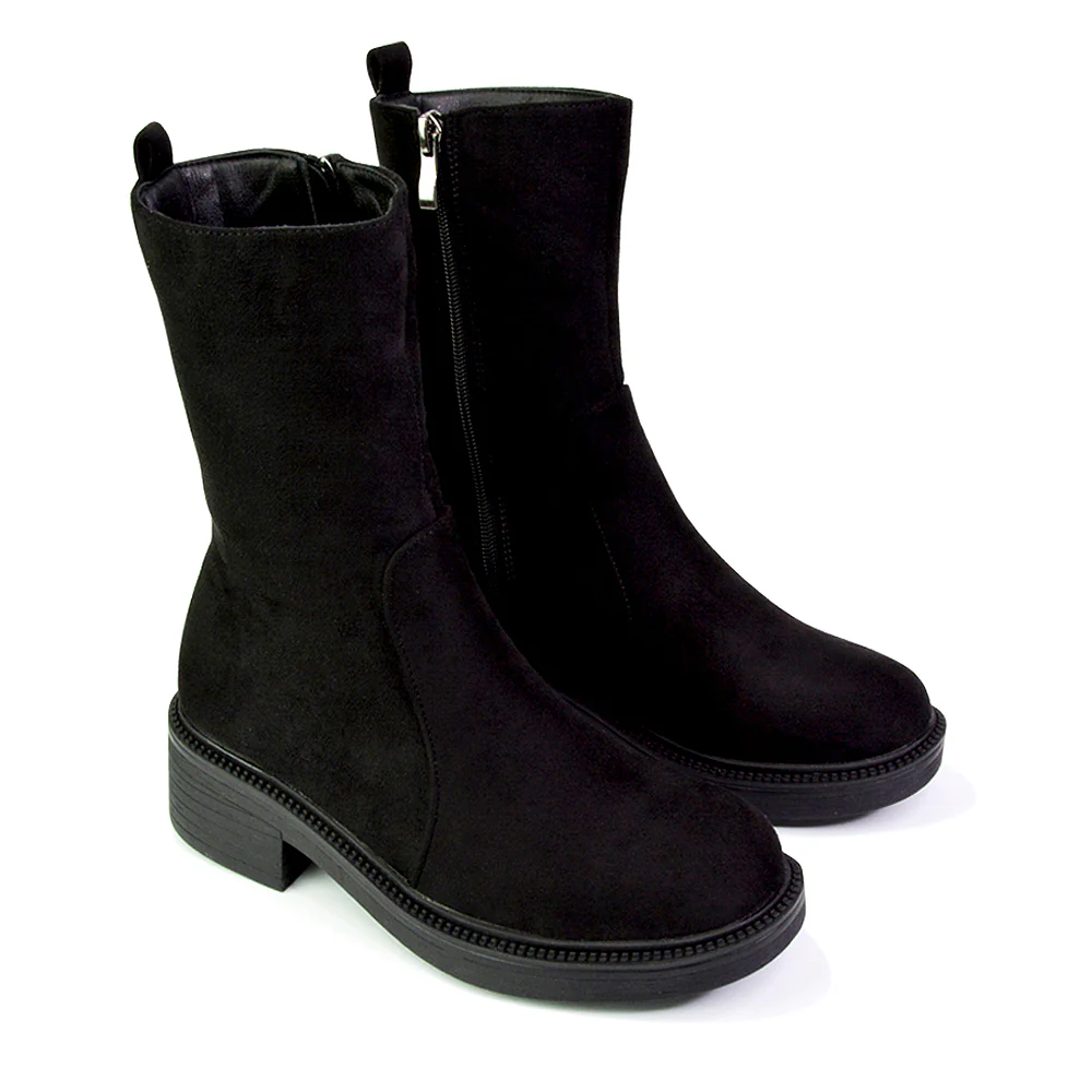 Senna Chunky Block Heel Low Platform Sole Zip Up Biker Sock Ankle Boots in Black Faux Suede - Image 66