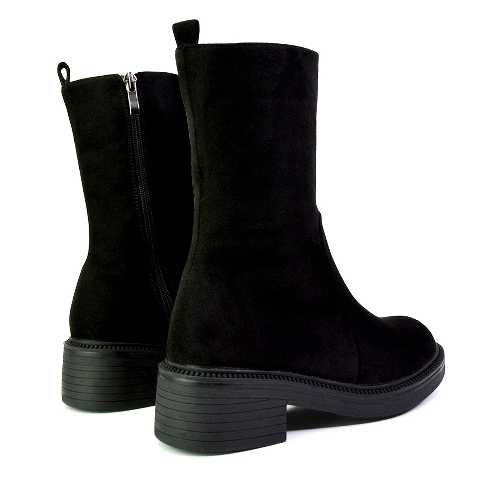 Senna Chunky Block Heel Low Platform Sole Zip Up Biker Sock Ankle Boots in Black Faux Suede - Image 87