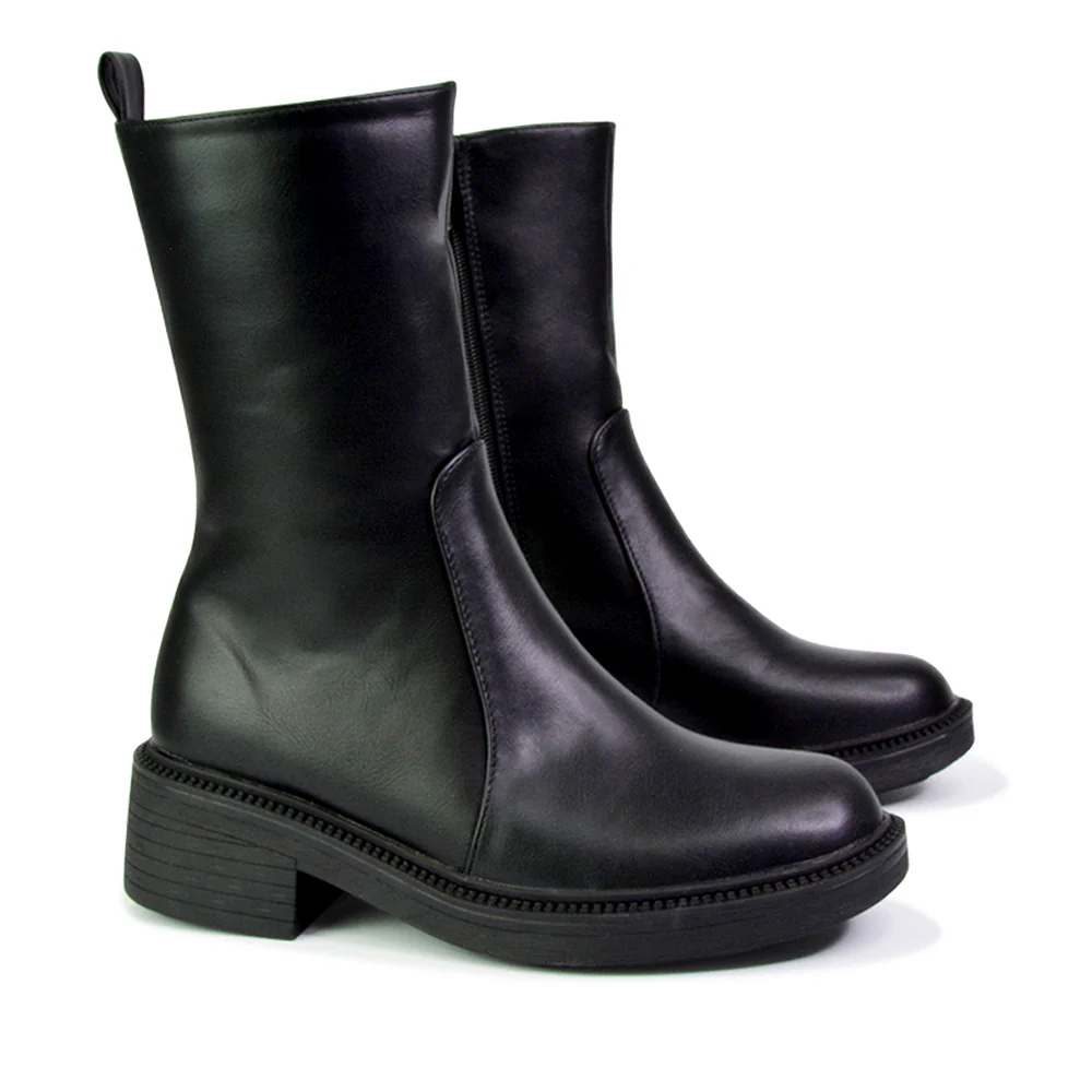 Senna Chunky Block Heel Low Platform Sole Zip Up Biker Sock Ankle Boots in Black Synthetic Leather - Image 10