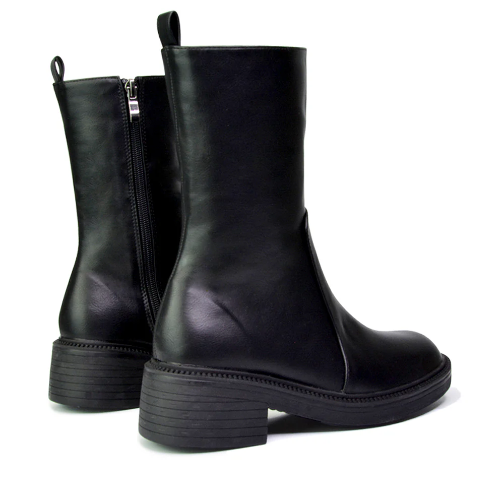 Senna Chunky Block Heel Low Platform Sole Zip Up Biker Sock Ankle Boots in Black Synthetic Leather - Image 27