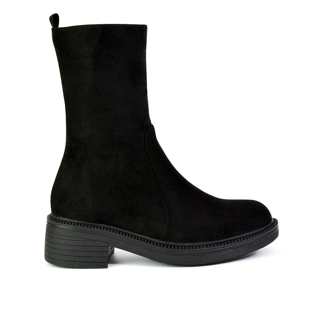 Senna Chunky Block Heel Low Platform Sole Zip Up Biker Sock Ankle Boots in Black Synthetic Leather - Image 83