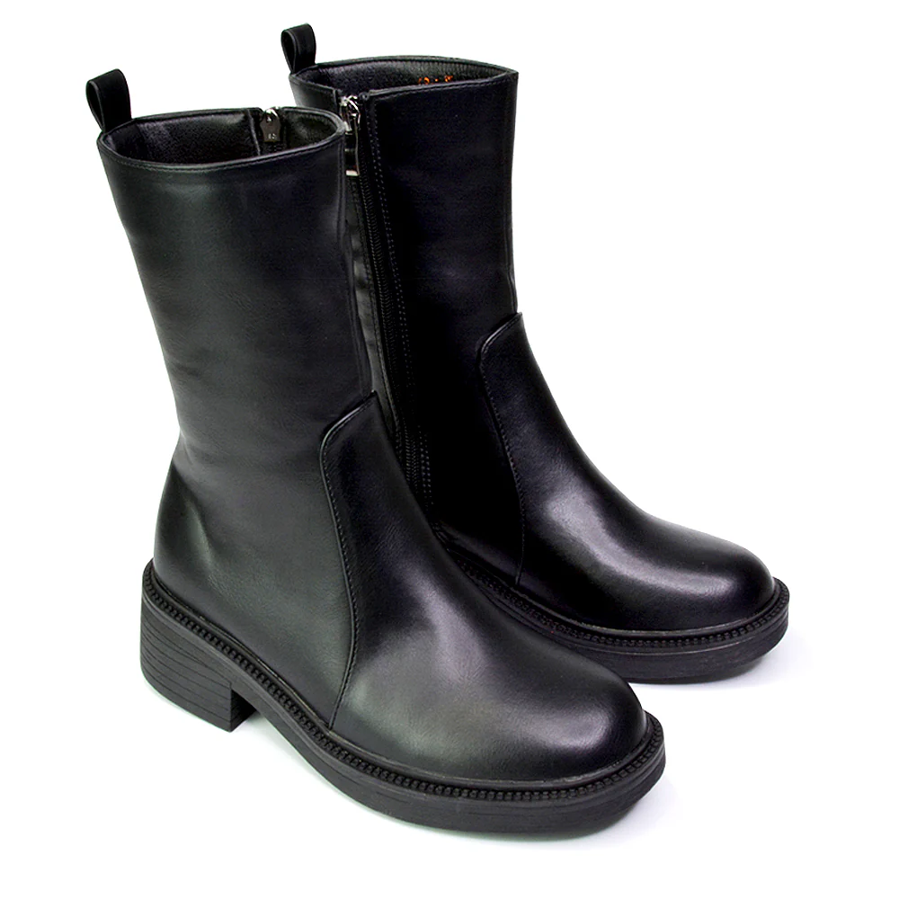 Senna Chunky Block Heel Low Platform Sole Zip Up Biker Sock Ankle Boots in White Synthetic Leather - Image 16