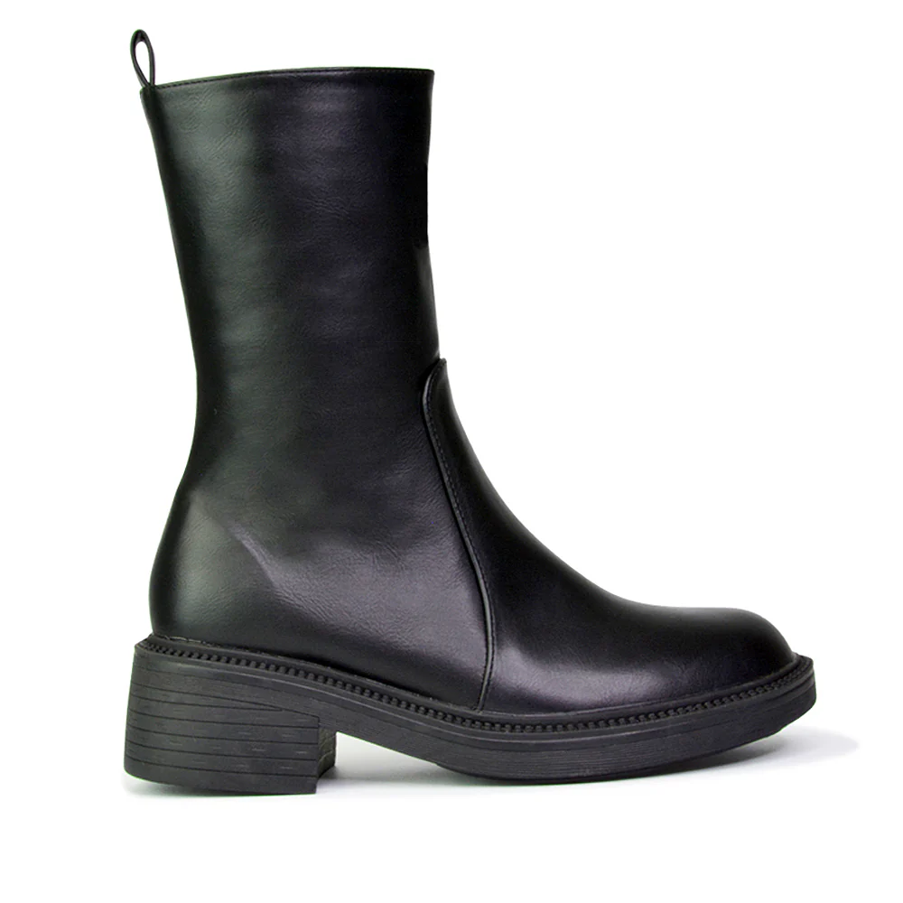 Senna Chunky Block Heel Low Platform Sole Zip Up Biker Sock Ankle Boots in White Synthetic Leather - Image 18