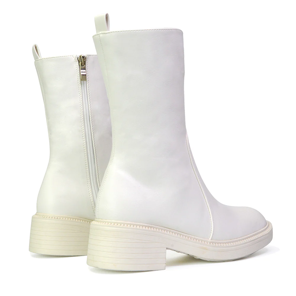 Senna Chunky Block Heel Low Platform Sole Zip Up Biker Sock Ankle Boots in White Synthetic Leather - Image 37
