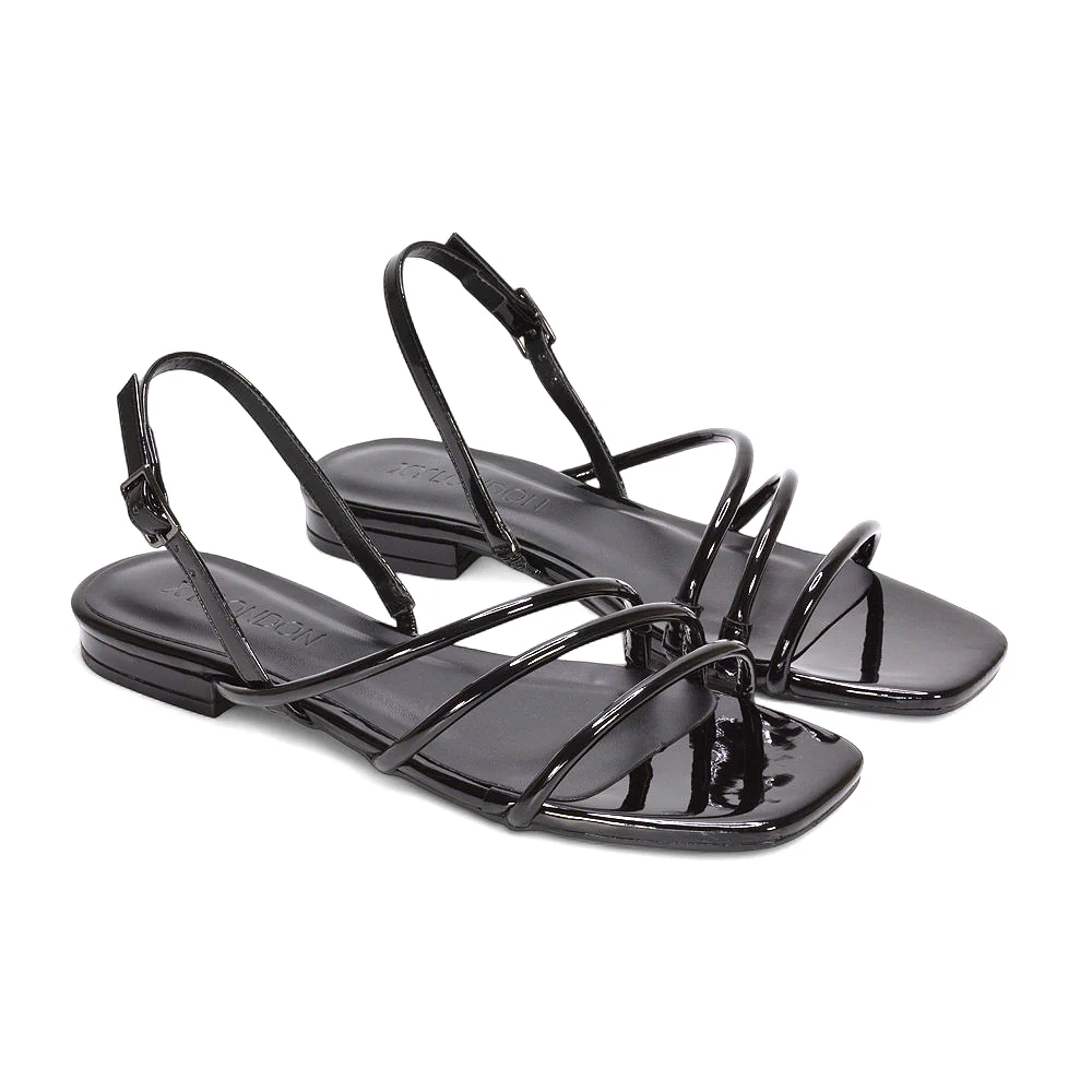 Shakira Slingback Buckle Strappy Flat Sandals in Black Patent - Image 5