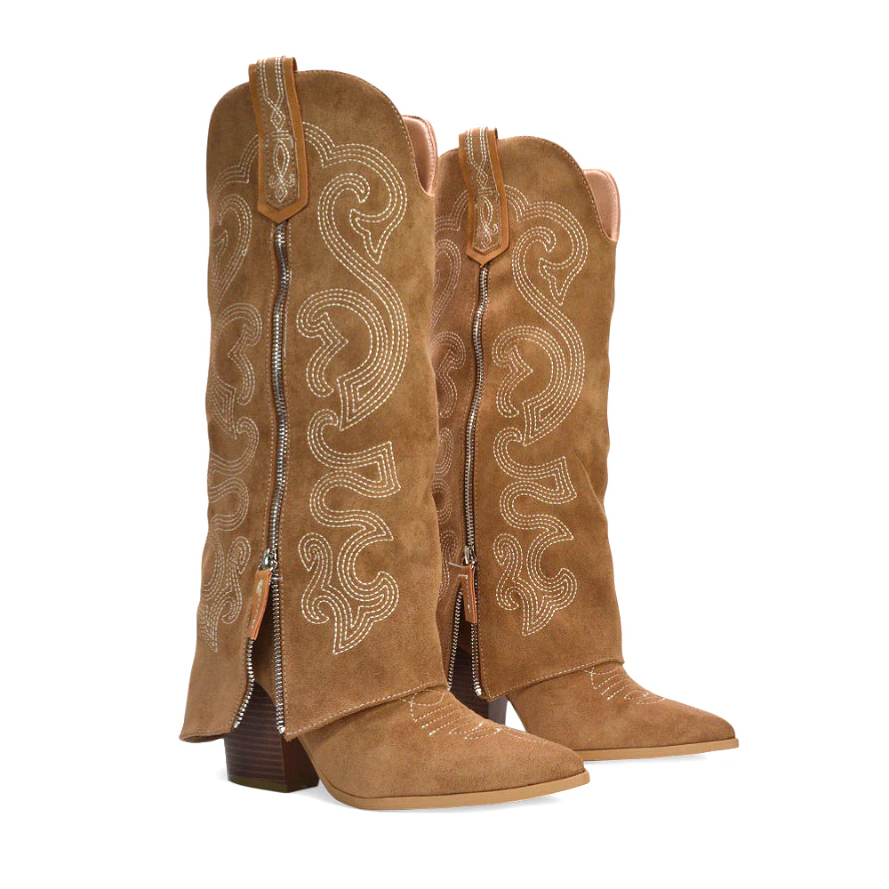 Shania Fold Over Knee High Western Block Heel Cowboy Boots in Tan