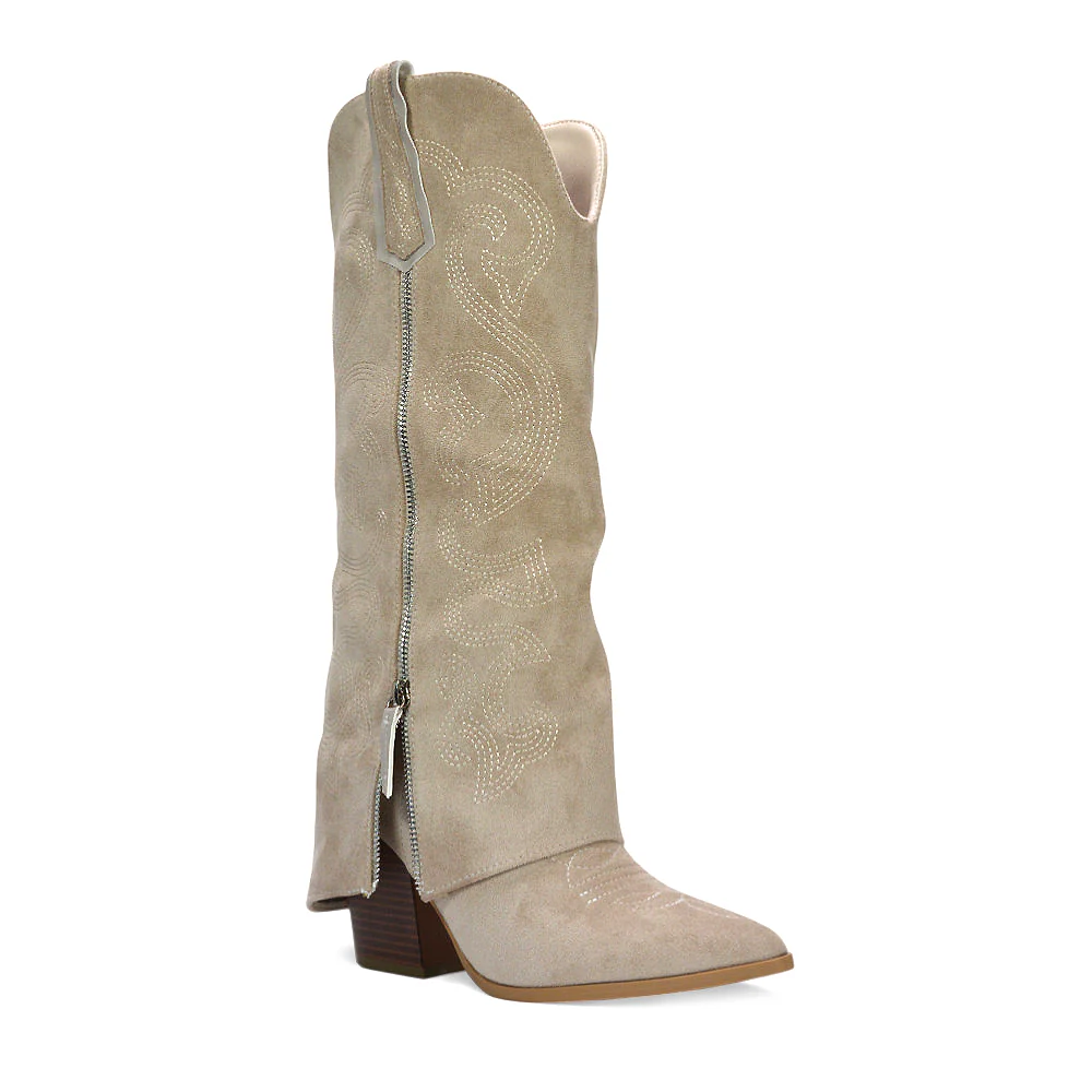 Shania Fold Over Knee High Western Block Heel Cowboy Boots in Tan - Image 10