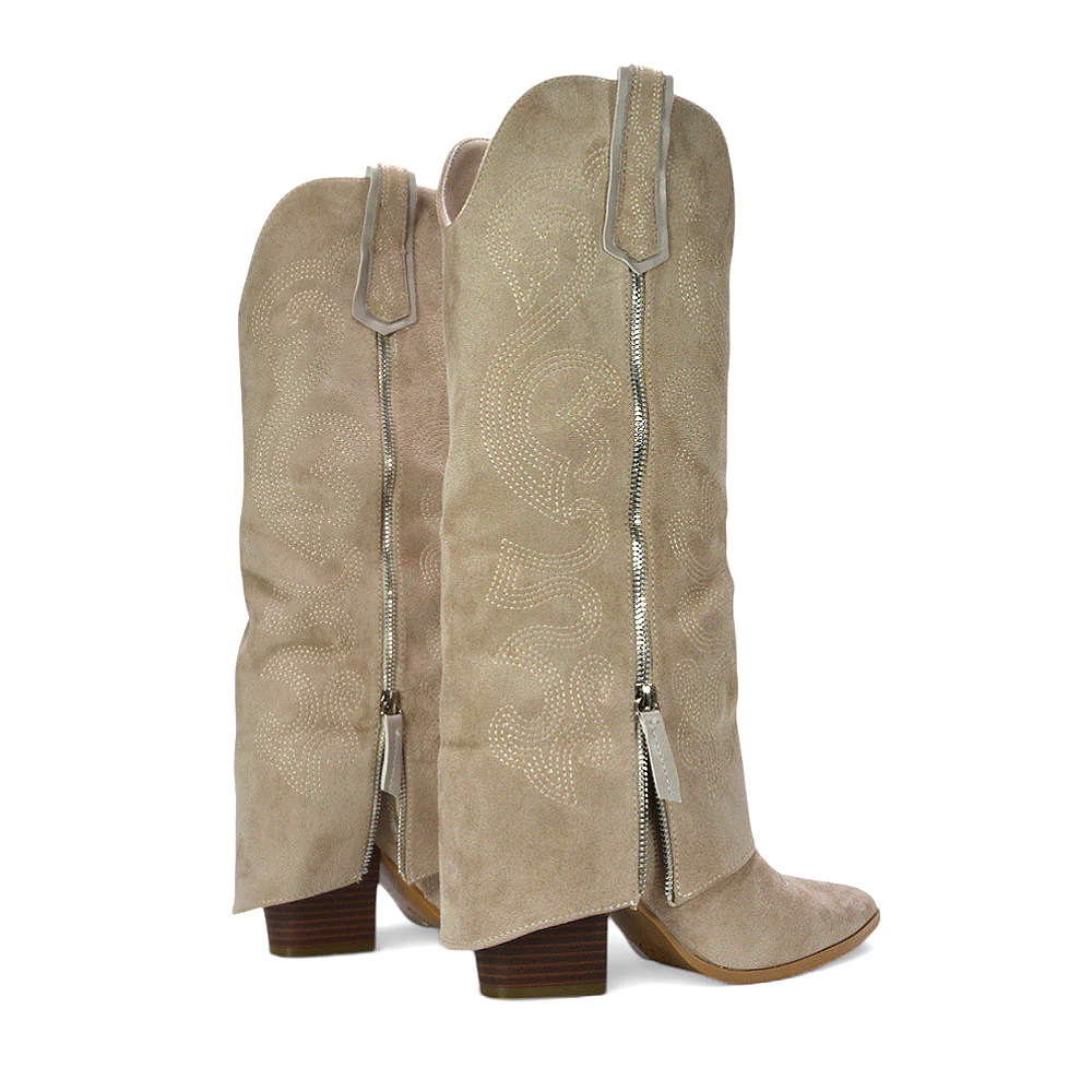 Shania Fold Over Knee High Western Block Heel Cowboy Boots in Tan - Image 11