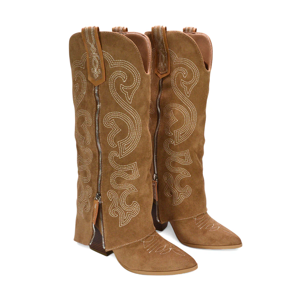 Shania Fold Over Knee High Western Block Heel Cowboy Boots in Tan - Image 3