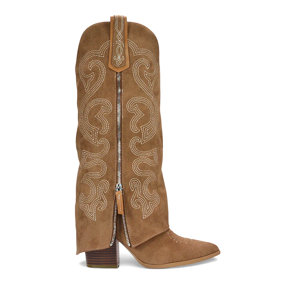 Shania Fold Over Knee High Western Block Heel Cowboy Boots in Tan - Image 5