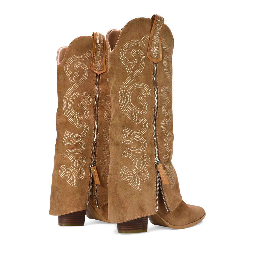 Shania Fold Over Knee High Western Block Heel Cowboy Boots in Tan - Image 6
