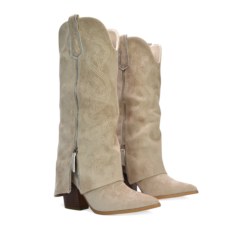Shania Fold Over Knee High Western Block Heel Cowboy Boots in Tan - Image 8