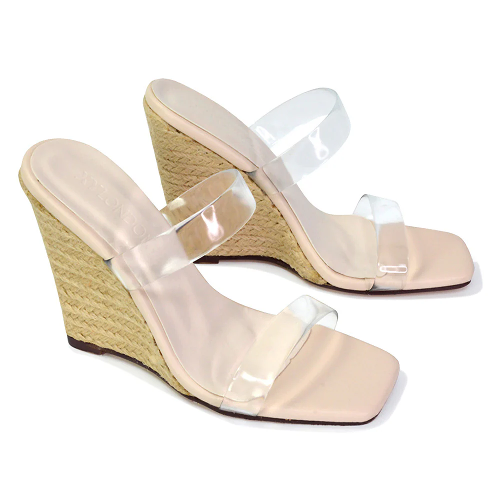 Shea Perspex Strappy Square Toe Espadrilles Wedge High Heel Sandals in Blue - Image 125