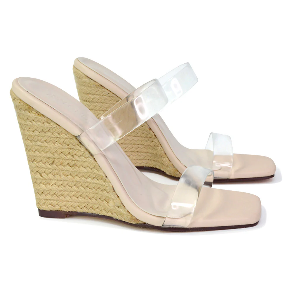 Shea Perspex Strappy Square Toe Espadrilles Wedge High Heel Sandals in Green - Image 116