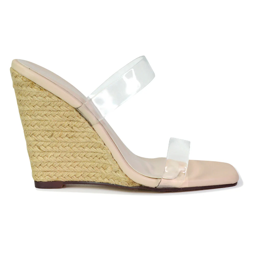 Shea Perspex Strappy Square Toe Espadrilles Wedge High Heel Sandals in Green - Image 123