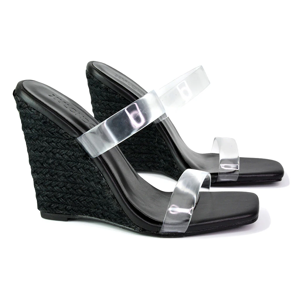 Shea Perspex Strappy Square Toe Espadrilles Wedge High Heel Sandals in Green - Image 131