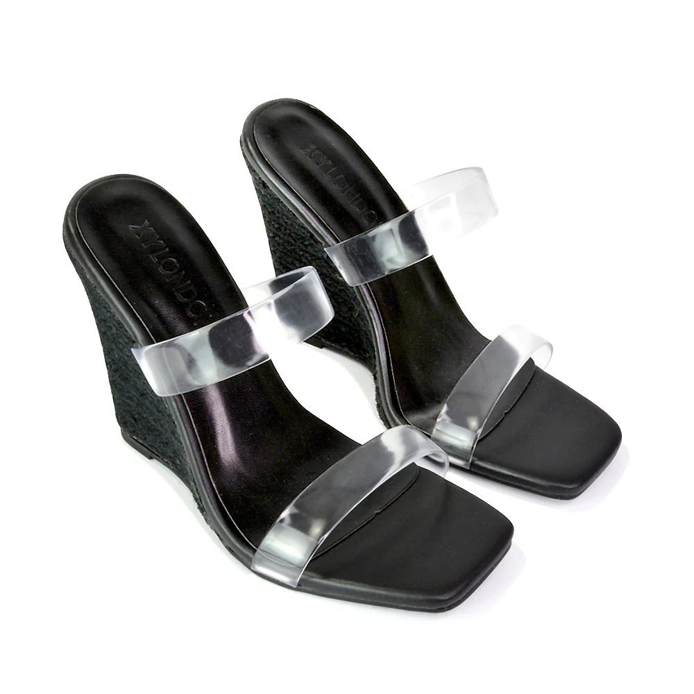 Shea Perspex Strappy Square Toe Espadrilles Wedge High Heel Sandals in Green - Image 154
