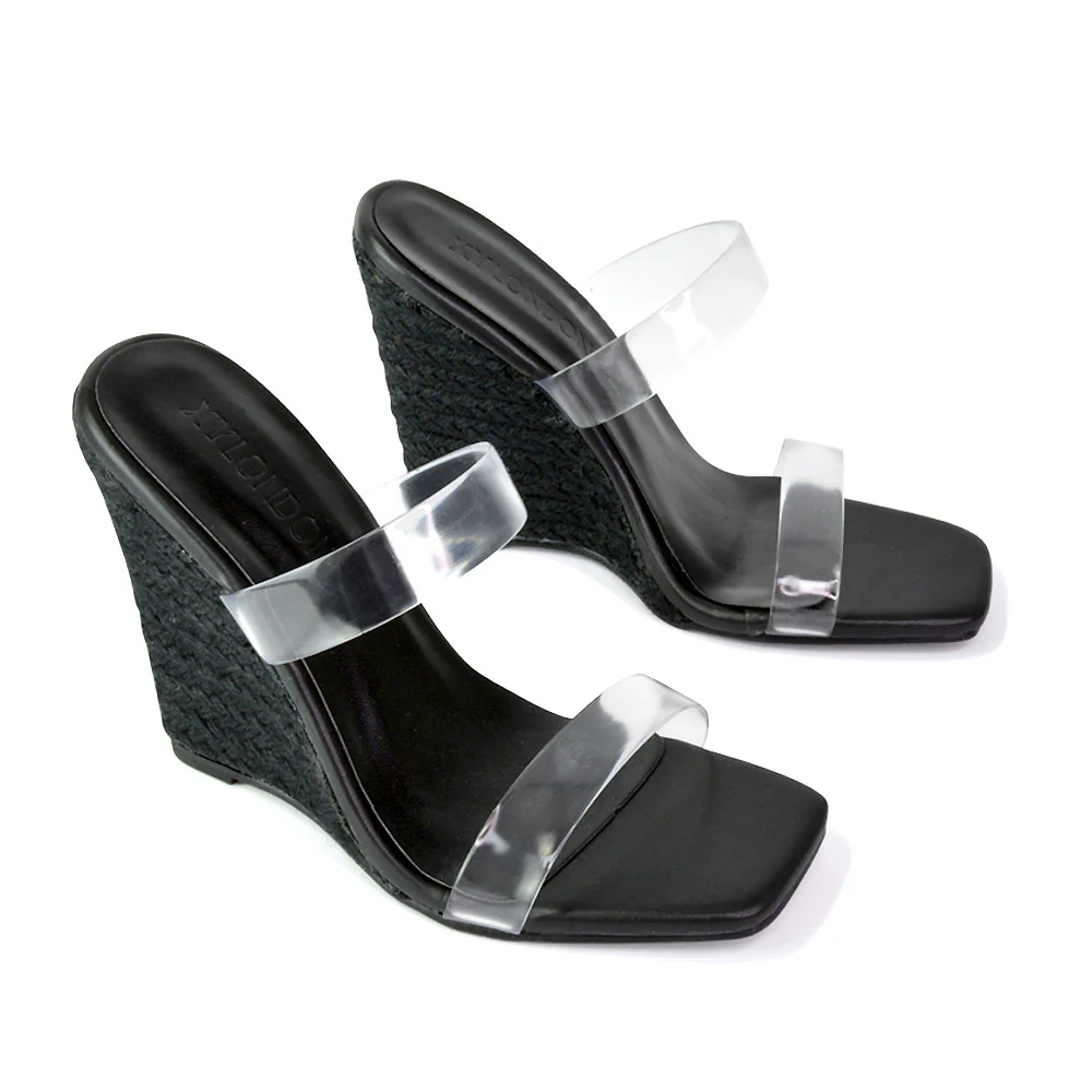 Shea Perspex Strappy Square Toe Espadrilles Wedge High Heel Sandals in Green - Image 155