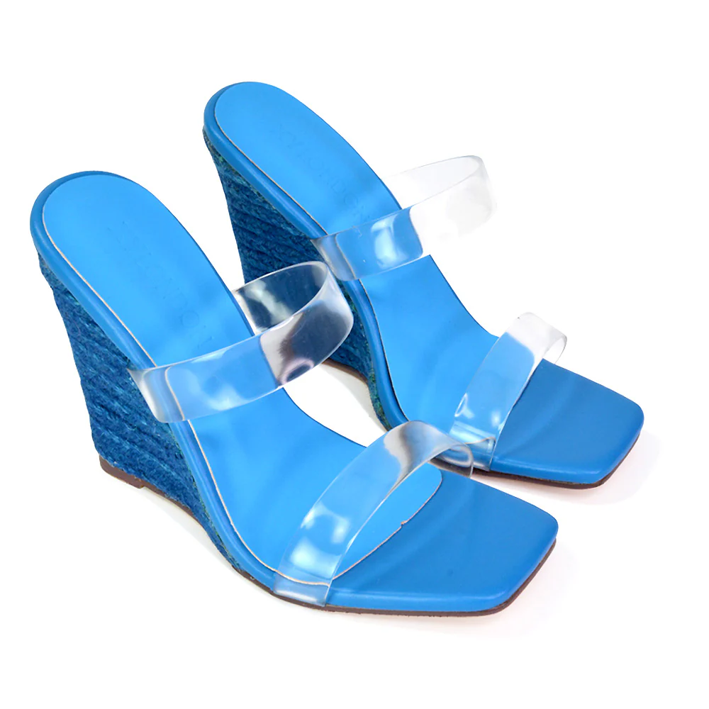 Shea Perspex Strappy Square Toe Espadrilles Wedge High Heel Sandals in Green - Image 19