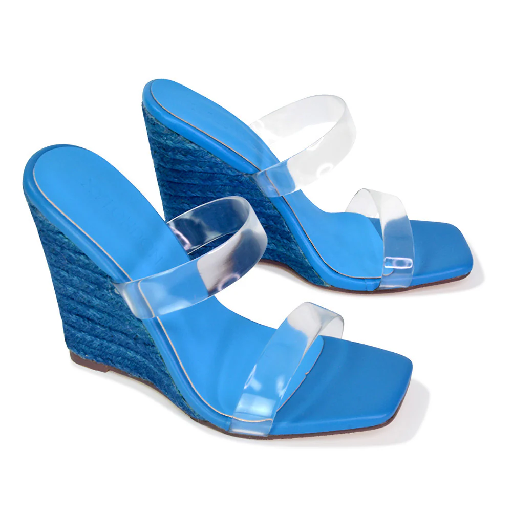 Shea Perspex Strappy Square Toe Espadrilles Wedge High Heel Sandals in Green - Image 30