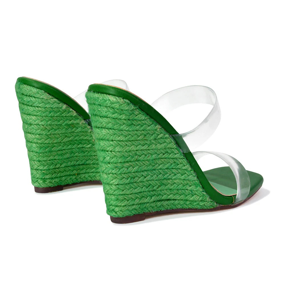 Shea Perspex Strappy Square Toe Espadrilles Wedge High Heel Sandals in Green - Image 37