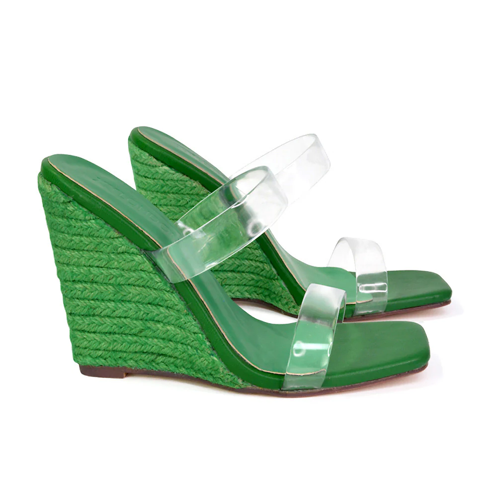 Shea Perspex Strappy Square Toe Espadrilles Wedge High Heel Sandals in Green - Image 41