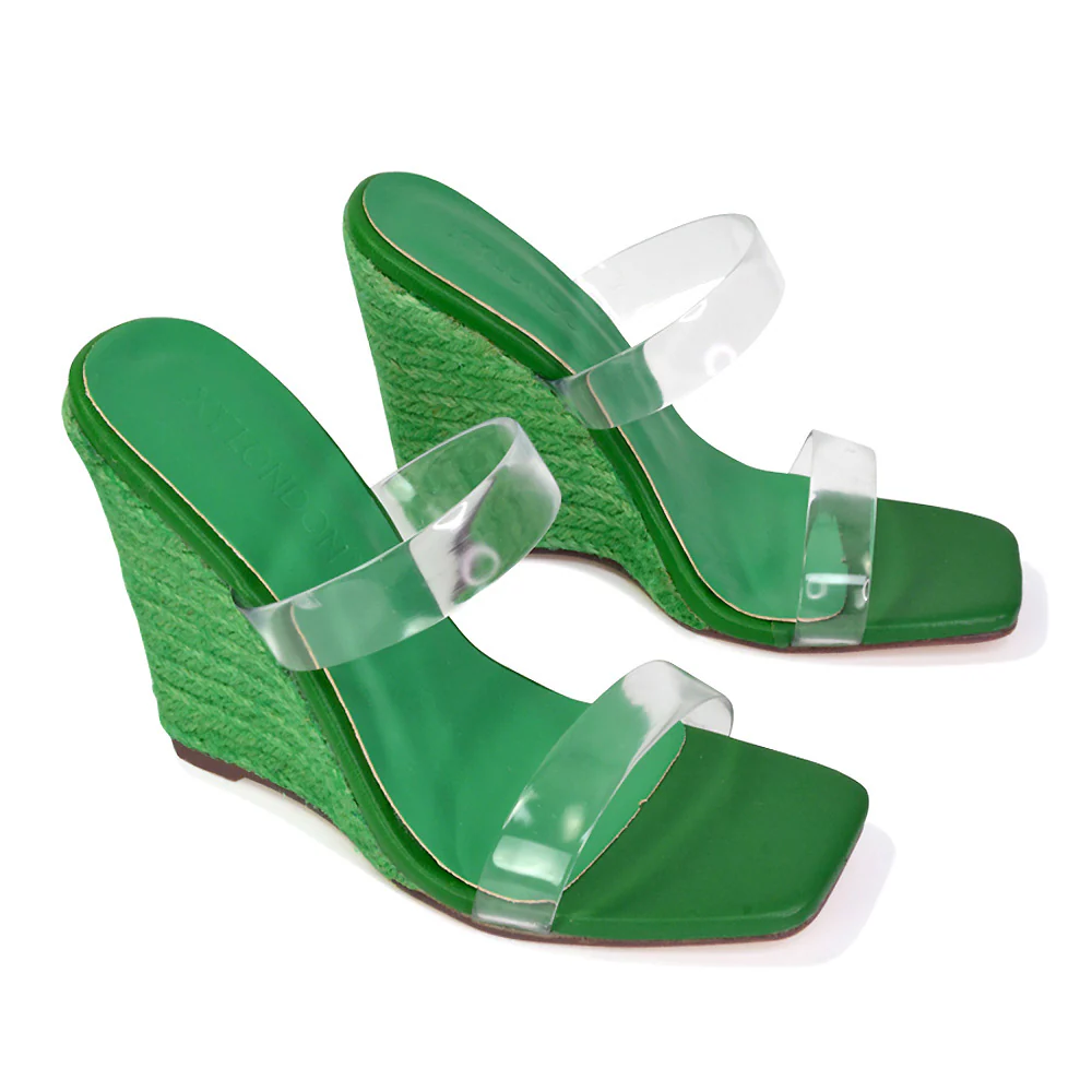 Shea Perspex Strappy Square Toe Espadrilles Wedge High Heel Sandals in Green - Image 55