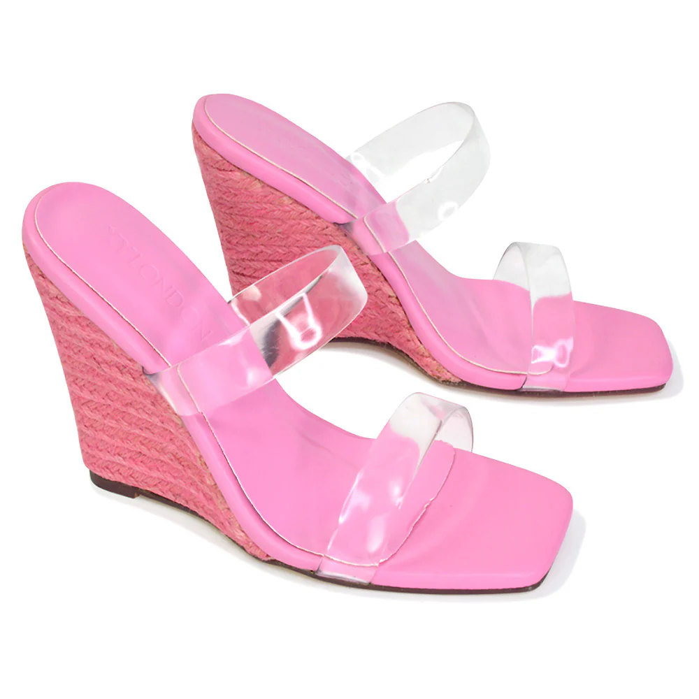 Shea Perspex Strappy Square Toe Espadrilles Wedge High Heel Sandals in Green - Image 80