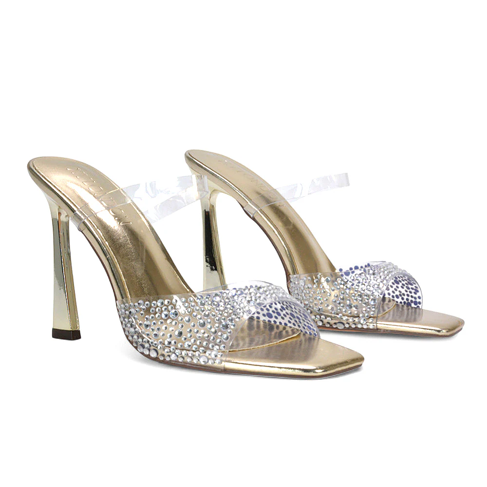 Sheila Perspex Heeled Mules Square Toe Rhinestone Heels in Gold - Image 4