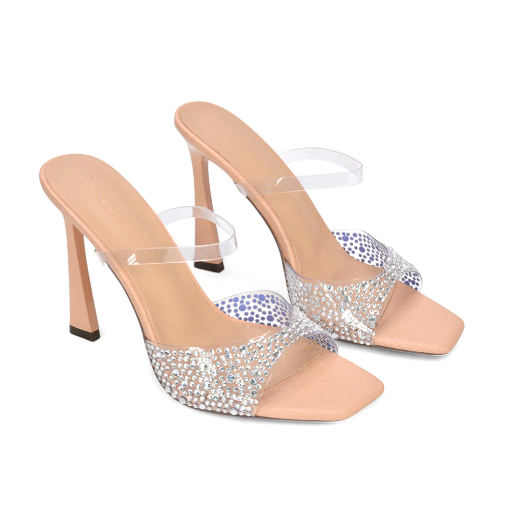 Sheila Perspex Heeled Mules Square Toe Rhinestone Heels in Gold - Image 10