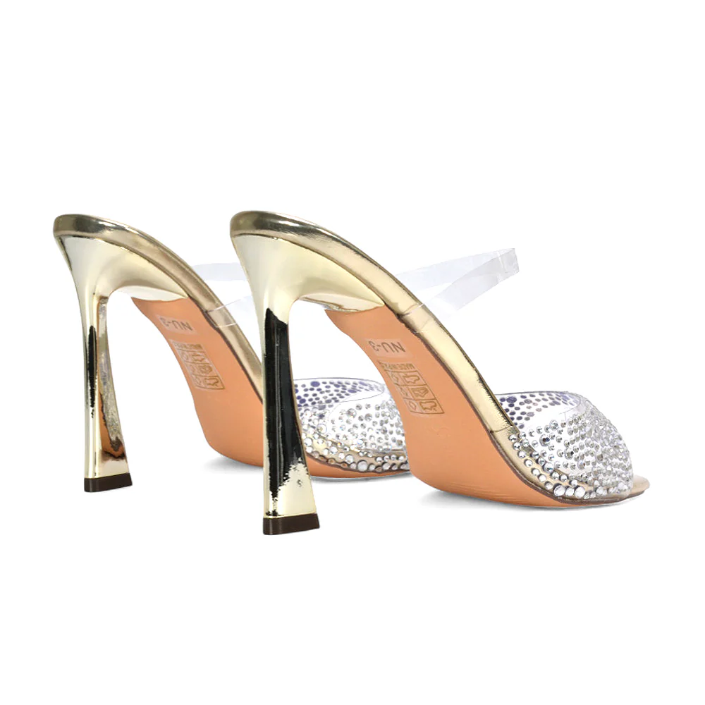 Sheila Perspex Heeled Mules Square Toe Rhinestone Heels in Gold - Image 3
