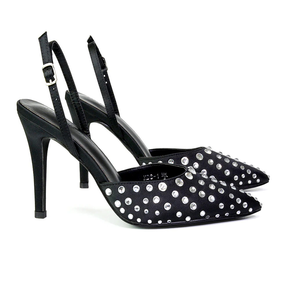 Shelly Strappy Slingback Pointed Toe Diamante Stiletto Bridal Heels in Black - Image 120