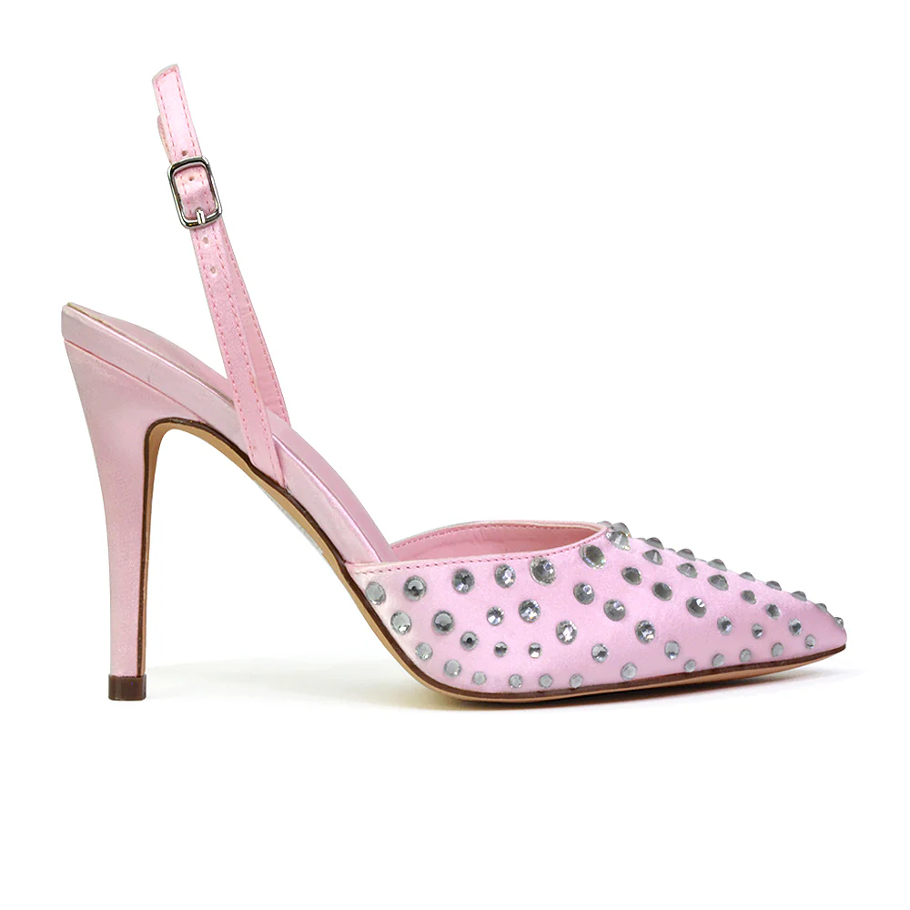 Shelly Strappy Slingback Pointed Toe Diamante Stiletto Bridal Heels in Black - Image 21