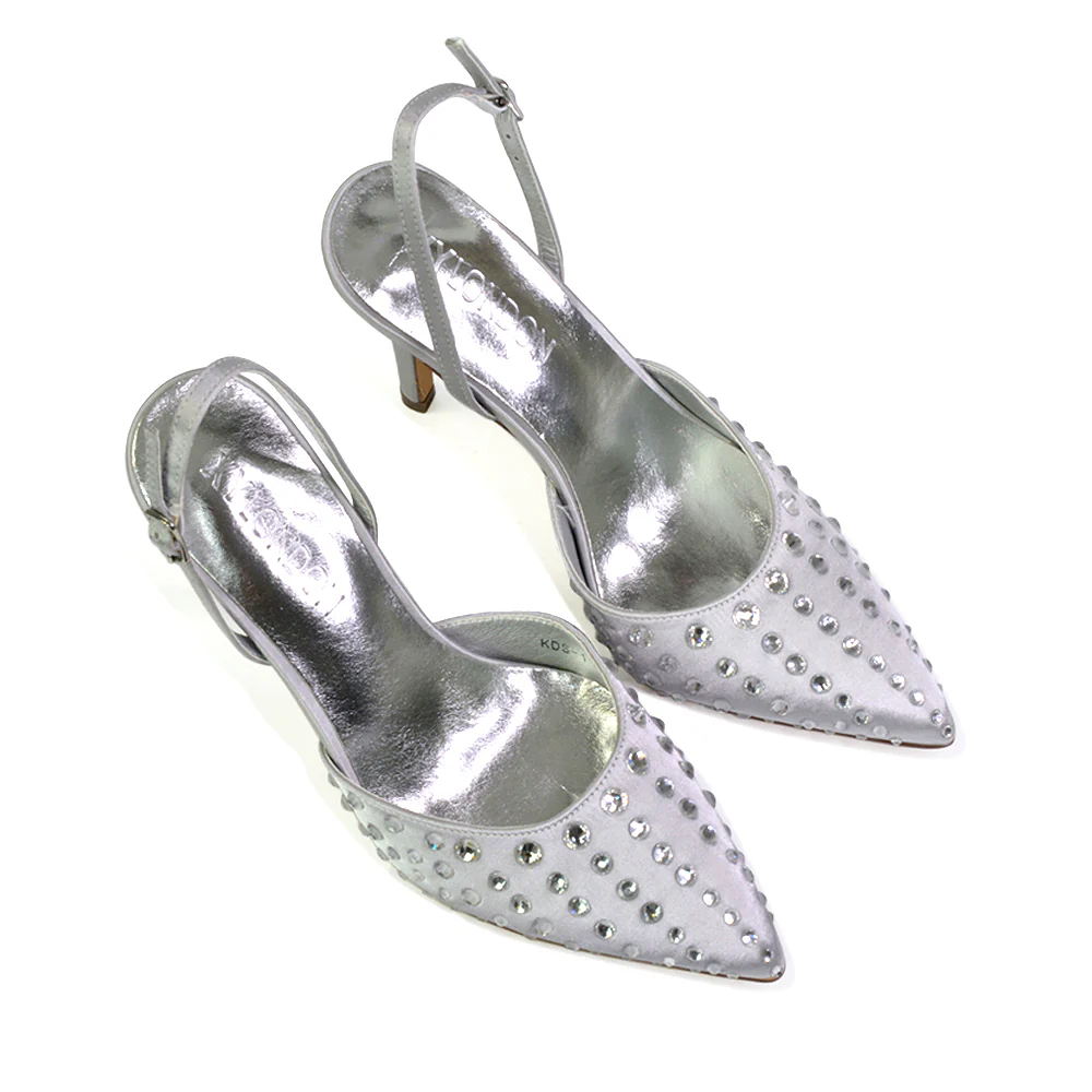 Shelly Strappy Slingback Pointed Toe Diamante Stiletto Bridal Heels in Black - Image 84