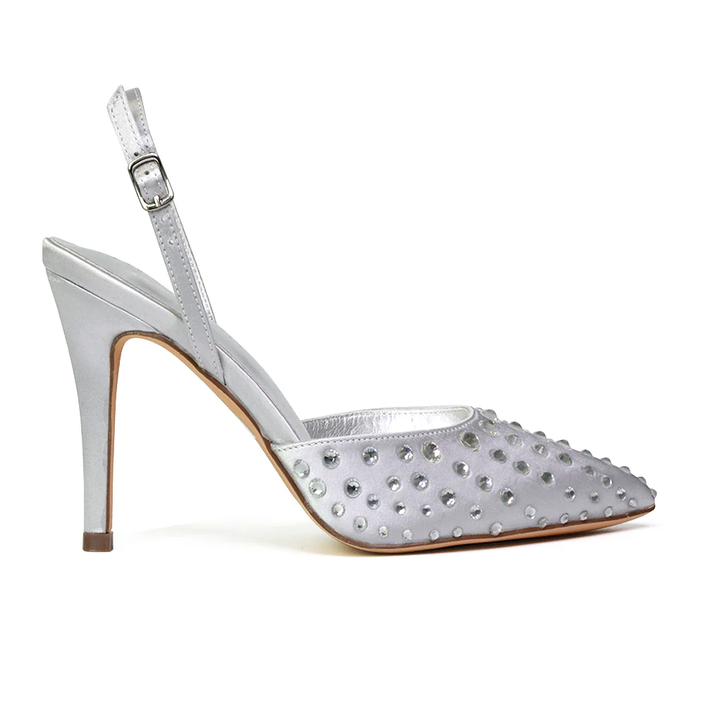 Shelly Strappy Slingback Pointed Toe Diamante Stiletto Bridal Heels in Ivory - Image 81
