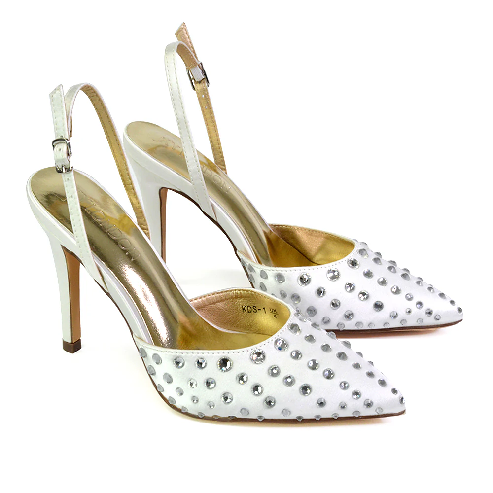 Shelly Strappy Slingback Pointed Toe Diamante Stiletto Bridal Heels in Silver - Image 60