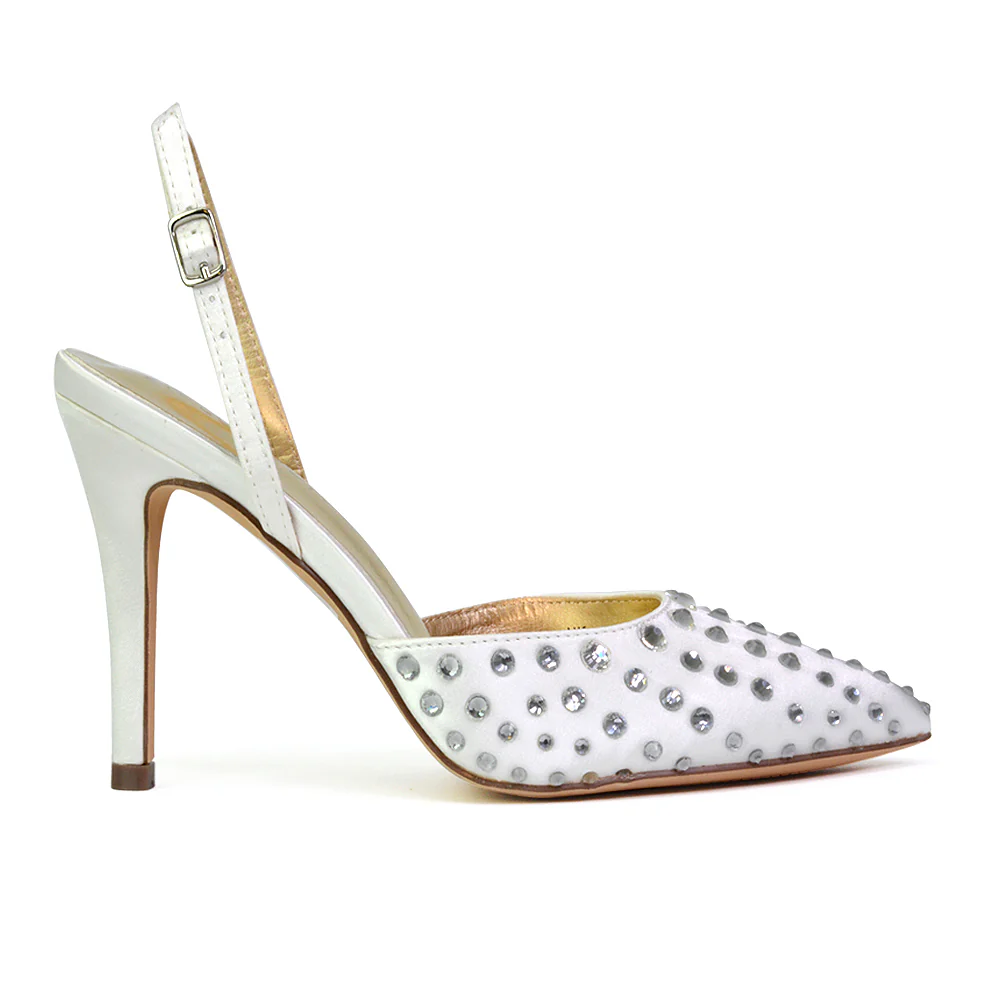 Shelly Strappy Slingback Pointed Toe Diamante Stiletto Bridal Heels in Silver - Image 73