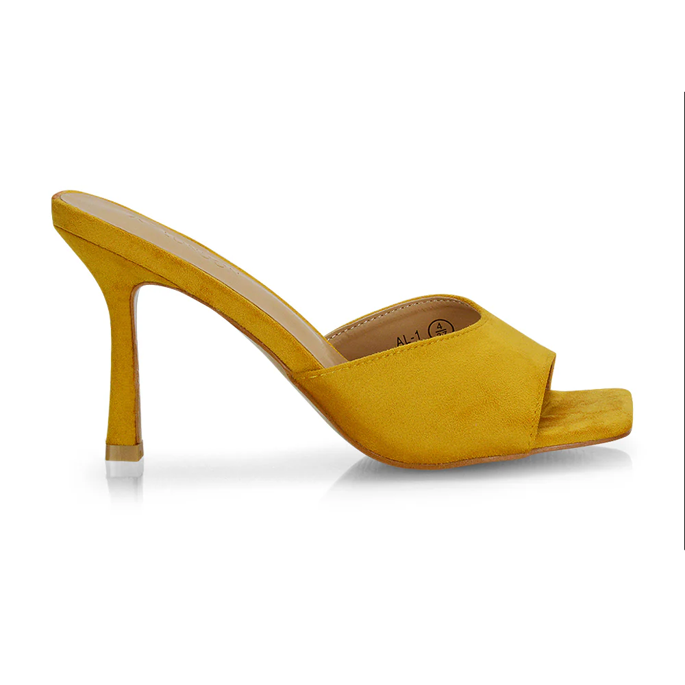 Sia Stiletto High Heeled Slip on Square Toe Mule Sandals in Black Faux Suede - Image 85