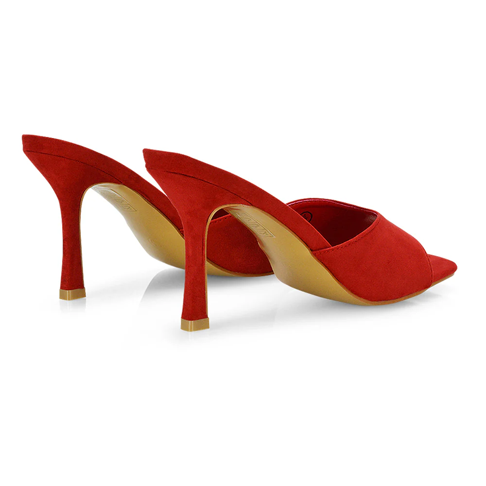 Sia Stiletto High Heeled Slip on Square Toe Mule Sandals in Black Faux Suede - Image 9