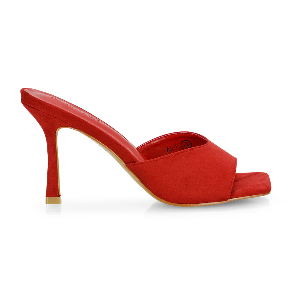 Sia Stiletto High Heeled Slip on Square Toe Mule Sandals in Mustard Faux Suede - Image 6
