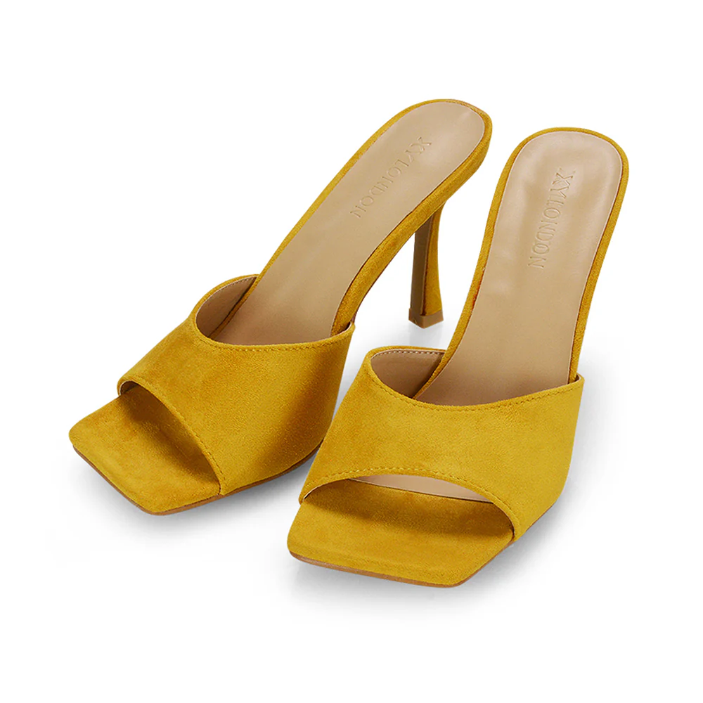 Sia Stiletto High Heeled Slip on Square Toe Mule Sandals in Mustard Faux Suede - Image 79