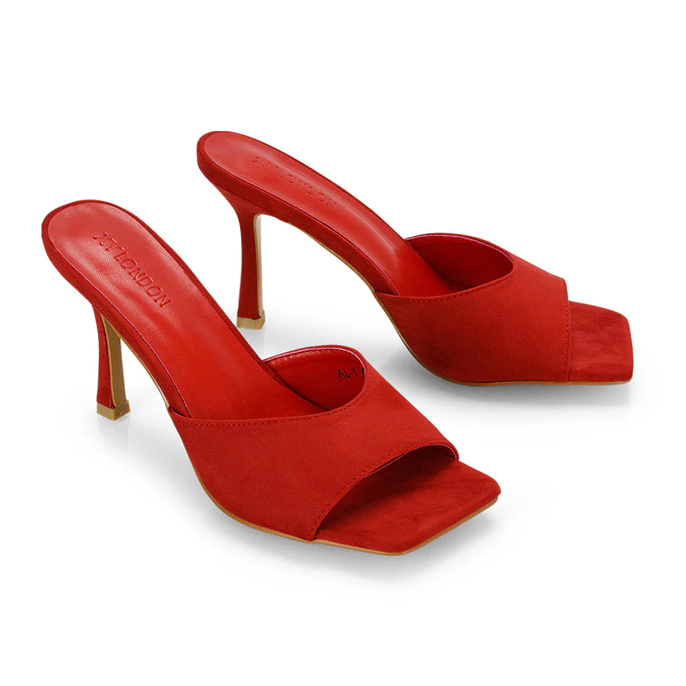 Sia Stiletto High Heeled Slip on Square Toe Mule Sandals in Mustard Faux Suede - Image 8