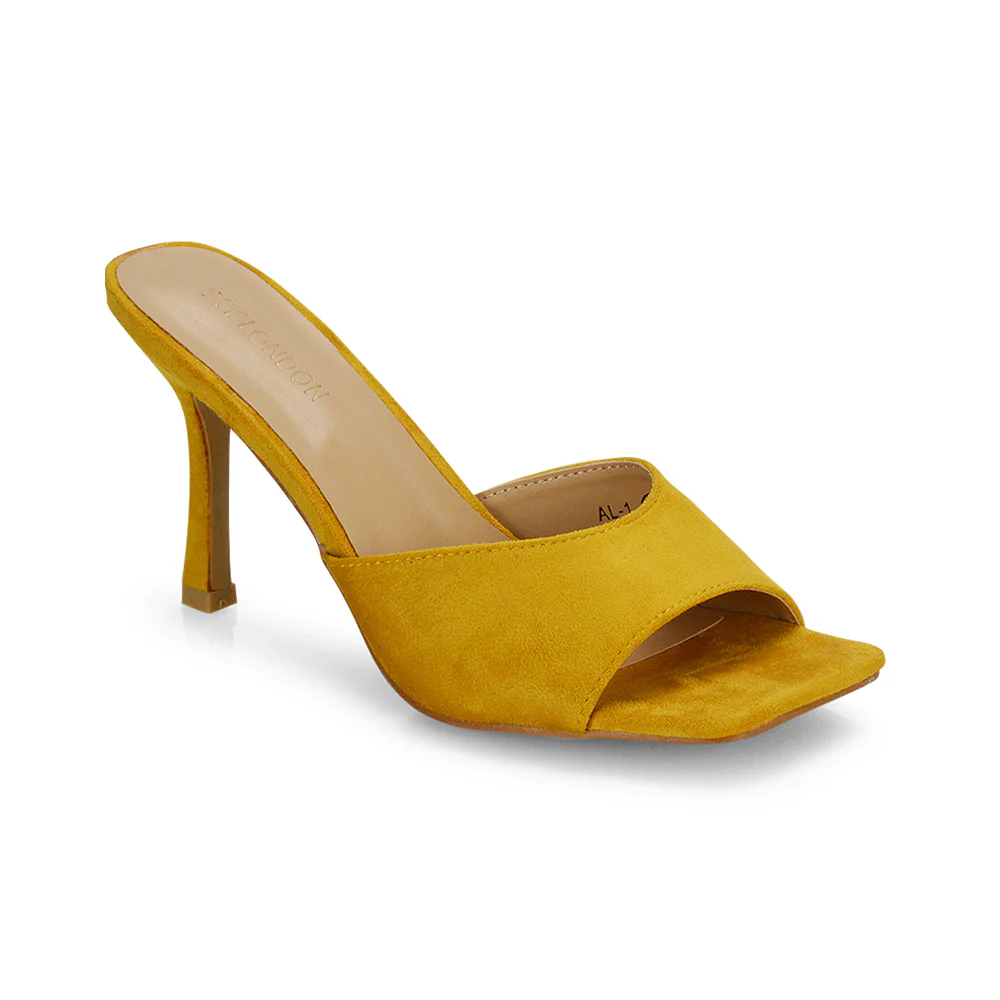 Sia Stiletto High Heeled Slip on Square Toe Mule Sandals in Red Faux Suede - Image 72