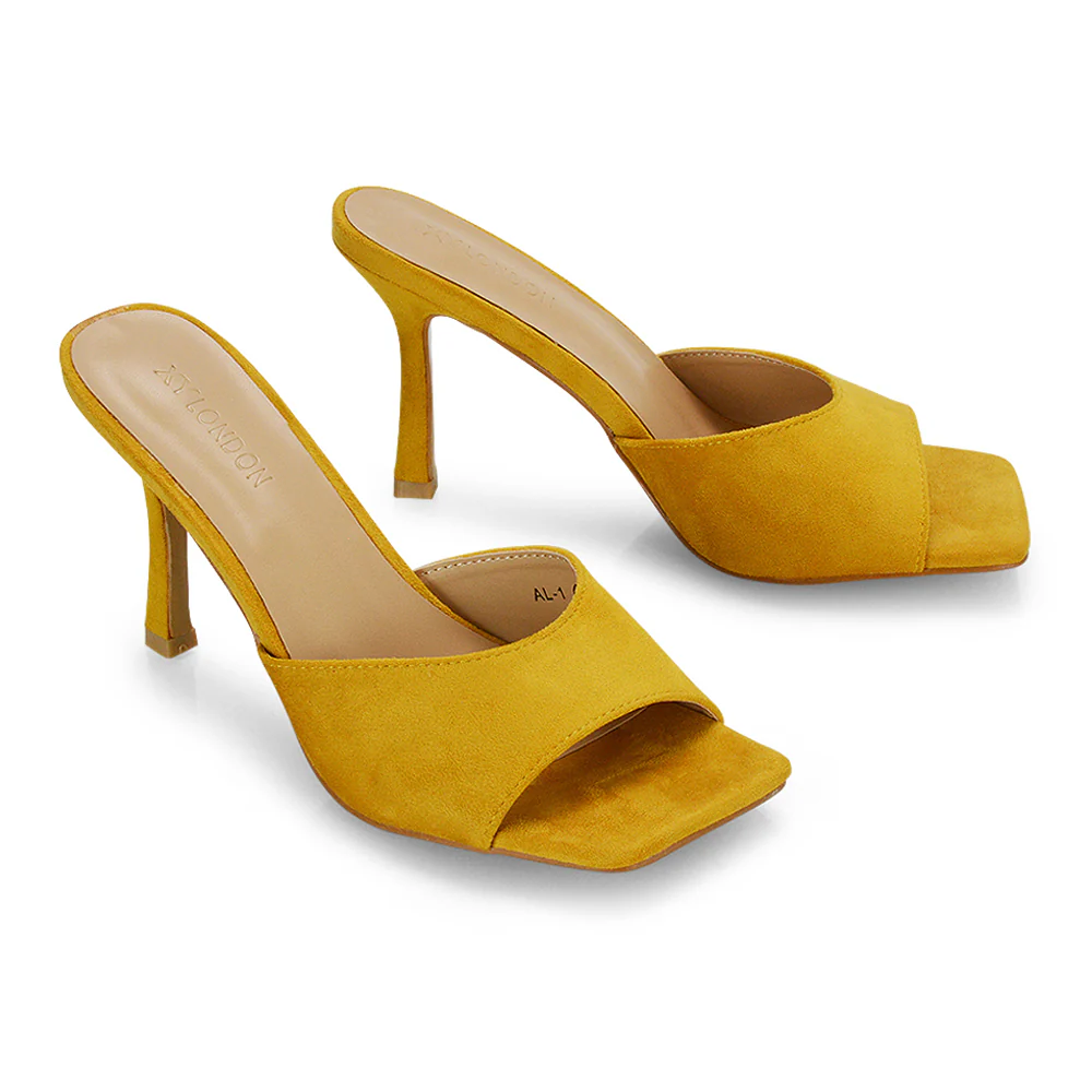 Sia Stiletto High Heeled Slip on Square Toe Mule Sandals in Red Faux Suede - Image 93