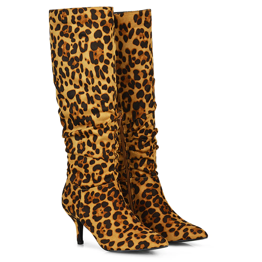 Sian Pointed Toe Knee High Ruched Stiletto High Heeled Long Boots in Black Faux Suede - Image 120